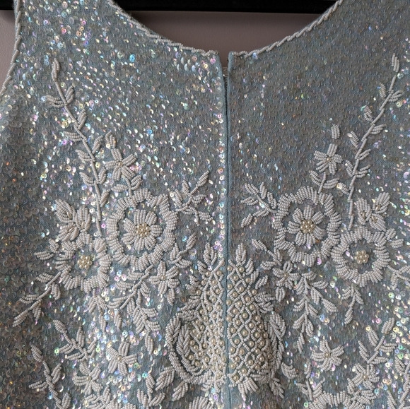 Vintage Regalia Imports Sequin Tank White Floral Beads on Blue Wool L - Picture 10 of 16